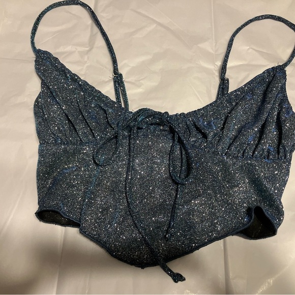 NWT! Urban Outfitters Stretch Glitter Ruched Cami Top-Blue Shimmer - Picture 3 of 6